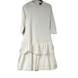 Le Plume Woman's White xs 3/4 sleeve drop waist shift textured midi dress